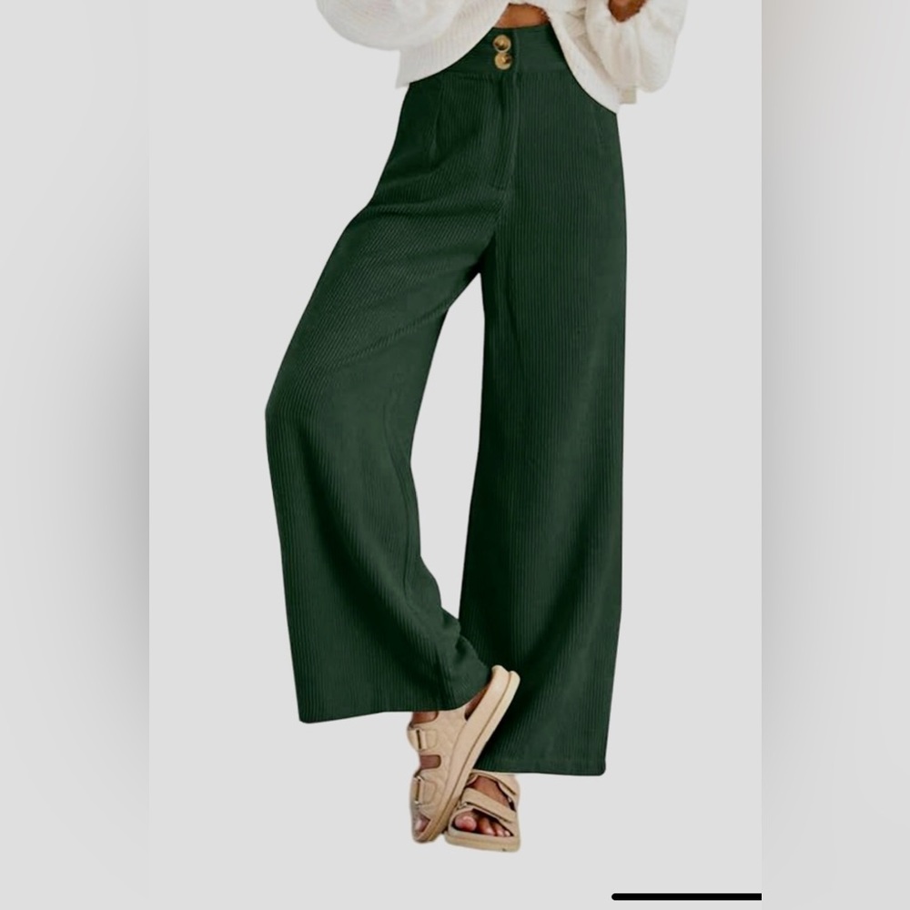 Women's Dark Green Wide-Leg Corduroy Pants